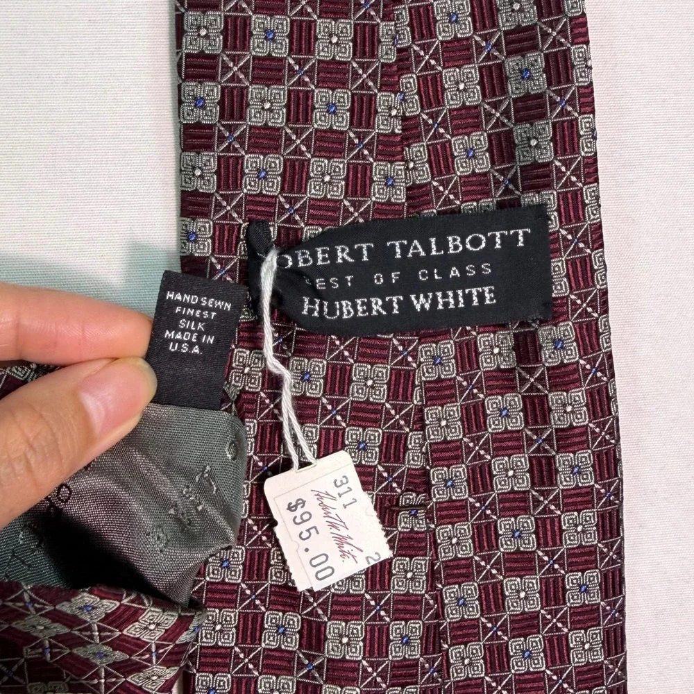 Robert Talbott Best of Class Hubert White Silk Tie Burgundy Geometric Hand Sewn